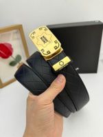 1:1  Montblanc Black Leather Belt with Gold Logo Buckle  Buckle Square Star Pattern 3.5cm